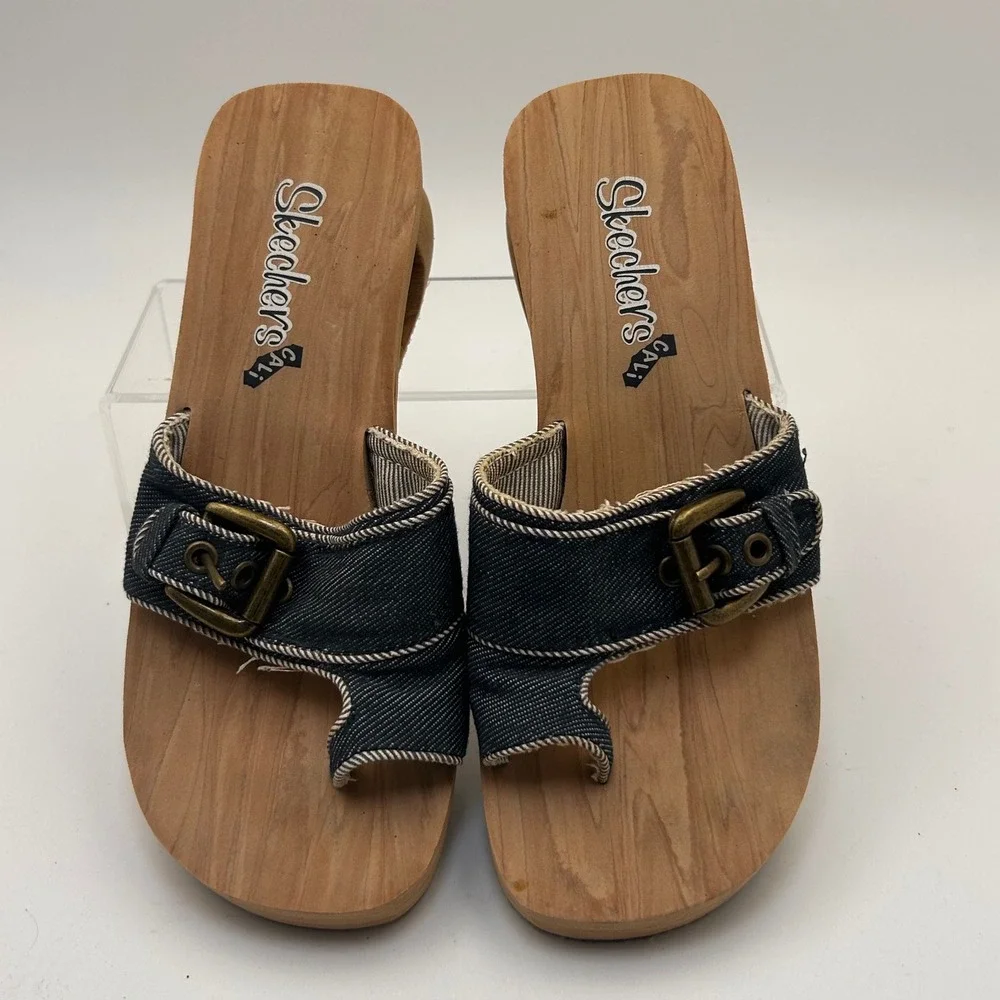VTG Y2K Skechers Somethin Else Platform Sandals 6 Blue Denim Cutout Heel Boho